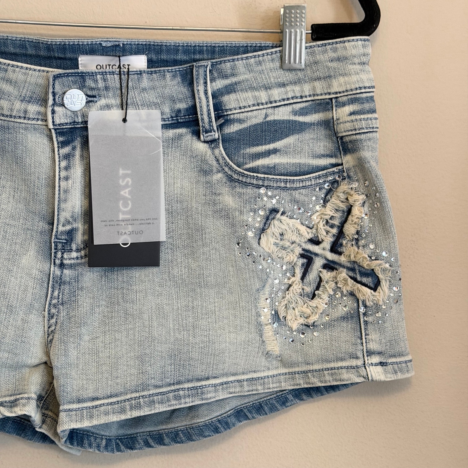 Outcast Mimmi Y2k Low Rise Shorts Large Blue Denim Vintage Star Rhinestone Nwt — image 3 of 6